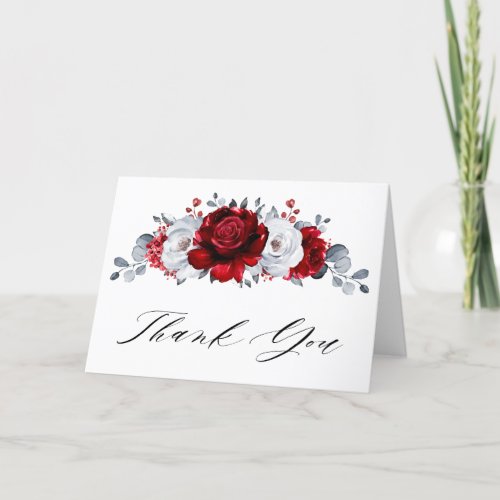 Royal Red White Silver Metallic Floral Wedding Thank You Card