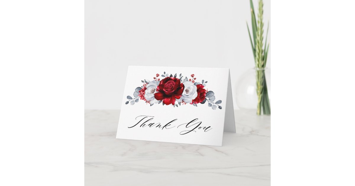Royal Red White Silver Metallic Floral Wedding Thank You Card | Zazzle