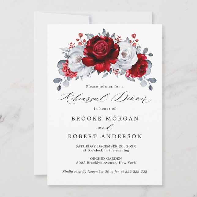 Royal Red White Silver Metallic  Rehearsal Dinner Invitation (Front)