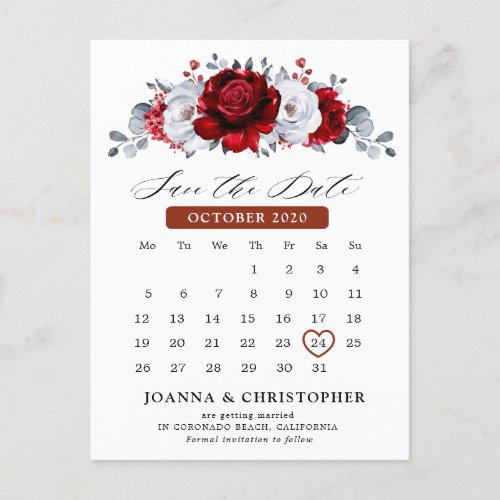 Royal Red White Silver Metallic  Save the Date Postcard