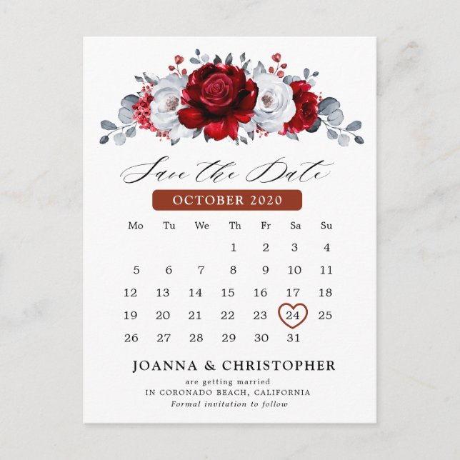 Royal Red White Silver Metallic  Save the Date Postcard (Front)