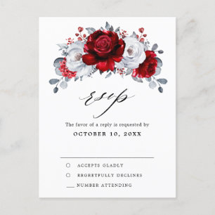 Royal Red White Silver Metallic Wedding RSVP Postcard