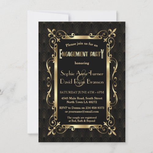 Royal Roaring 20s Gold Art Deco Engagement Party Invitation