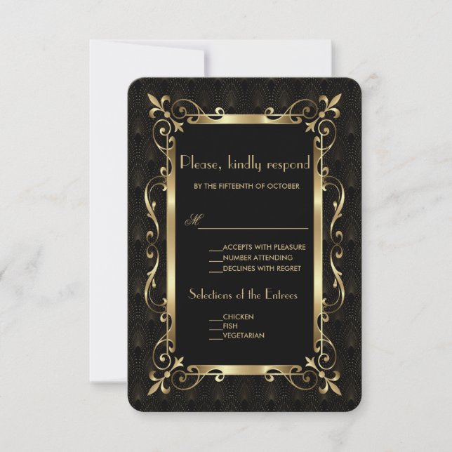 Royal Roaring 20s Gold Art Deco Wedding RSVP (Front)