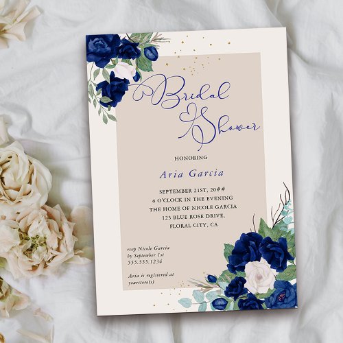 Royal Rose Blue Ivory Floral Bridal Shower Invitation