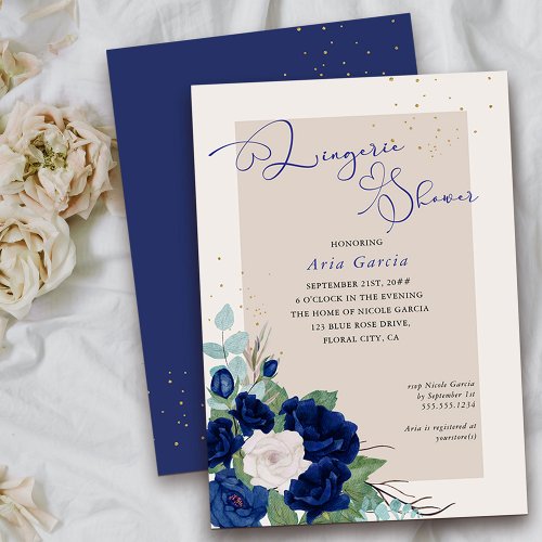 Royal Rose Blue Ivory Floral Lingerie Shower Invitation