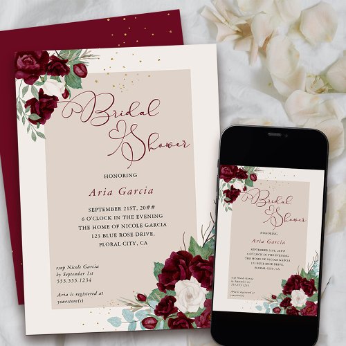 Royal Rose Burgundy Ivory Floral Bridal Shower Invitation