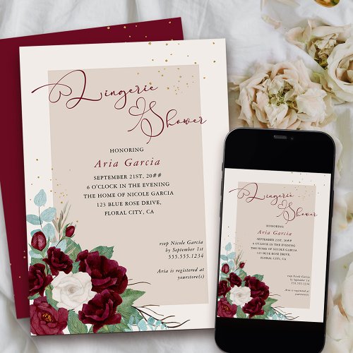 Royal Rose Burgundy Ivory Floral Lingerie Shower Invitation