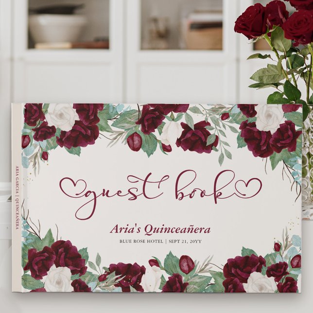 Royal Rose Burgundy Red with Elegant Calligraphy Guest Book (Floral Guest Book with sweet calligraphy to personalize for Quinceanera or other special event)
