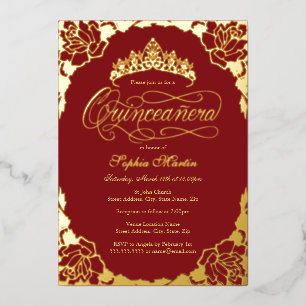 Royal Rose Red Gold Elegant Script Quinceanera  Foil Invitation