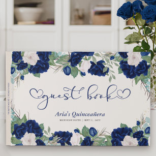 Royal Roses in Blue with Elegant Calligraphy Guest Book