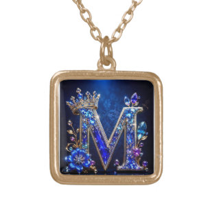 Royal Sapphire Crystal M Crown Monogram Gold Plated Necklace