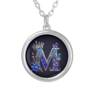 Royal Sapphire Crystal M Crown Monogram Silver Plated Necklace