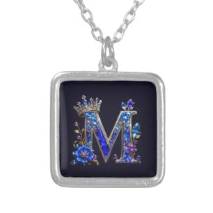 Royal Sapphire Crystal M Crown Monogram Silver Plated Necklace