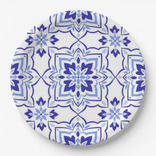 Royal Sapphire Elegant Blue Floral Mosaic Paper Plates