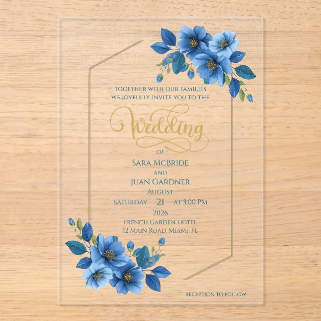 Royal Sapphire Floral Acrylic Wedding Invitation (Front)