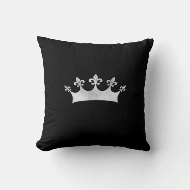 Royal Silver Crown on Black Throw Pillow (Front)