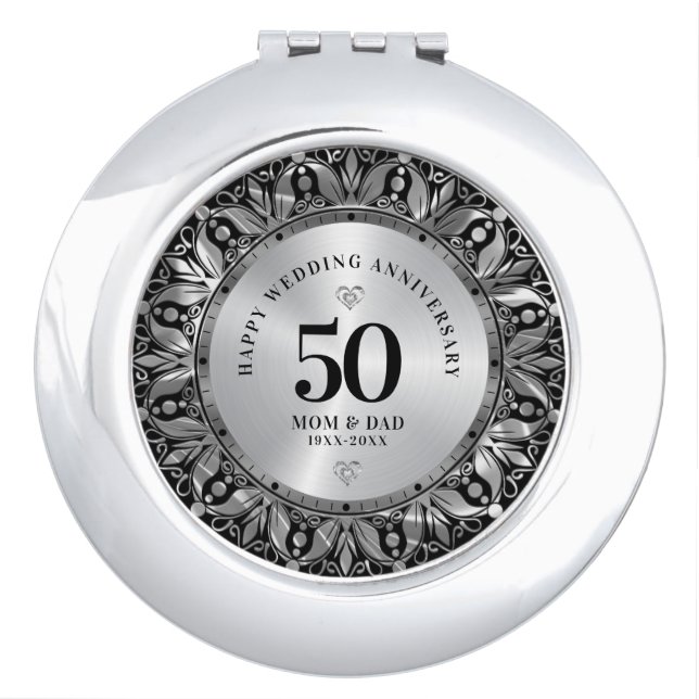 Royal Silver Ornamental Frame Wedding Anniversary Compact Mirror (Front)