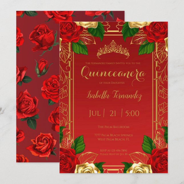 Royal Spanish Red & Gold Roses Quinceañera Invitation (Front/Back)