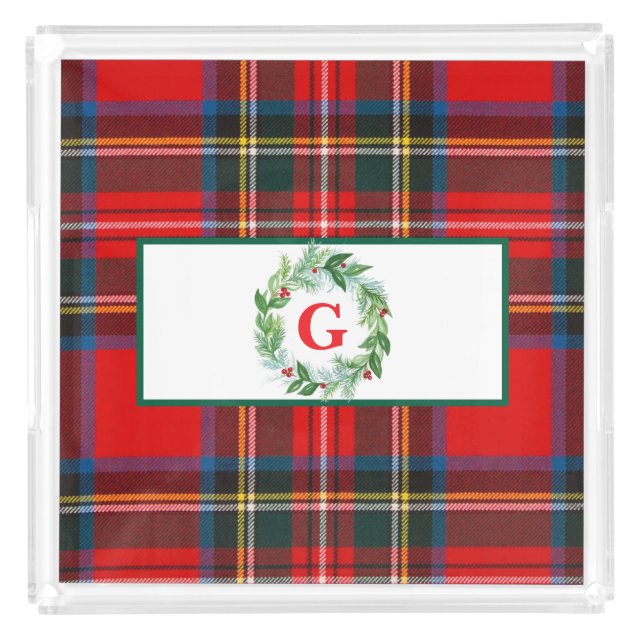 Royal Stewart Christmas MONOGRAM Plaid Wreath  Acrylic Tray (Front)