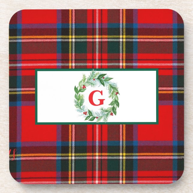 Royal Stewart Christmas MONOGRAM Plaid Wreath  Beverage Coaster (Front)