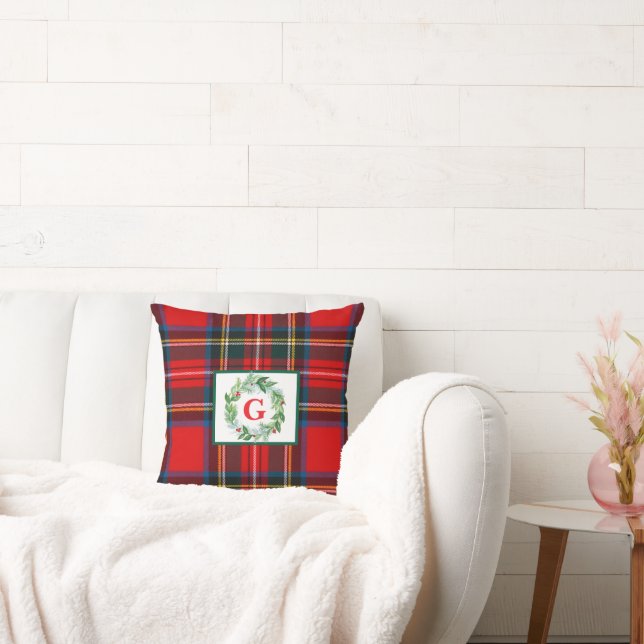 Royal Stewart Christmas MONOGRAM Plaid Wreath  Throw Pillow (Couch)