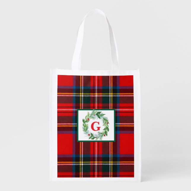 Royal Stewart Christmas MONOGRAM Plaid Wreath tote (Front)