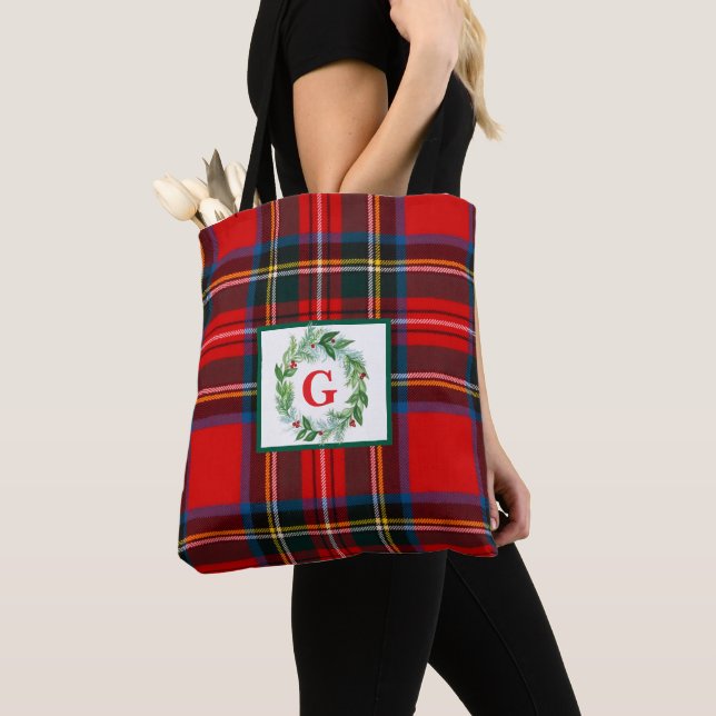 Royal Stewart Christmas MONOGRAM Plaid Wreath  Tote Bag (Close Up)