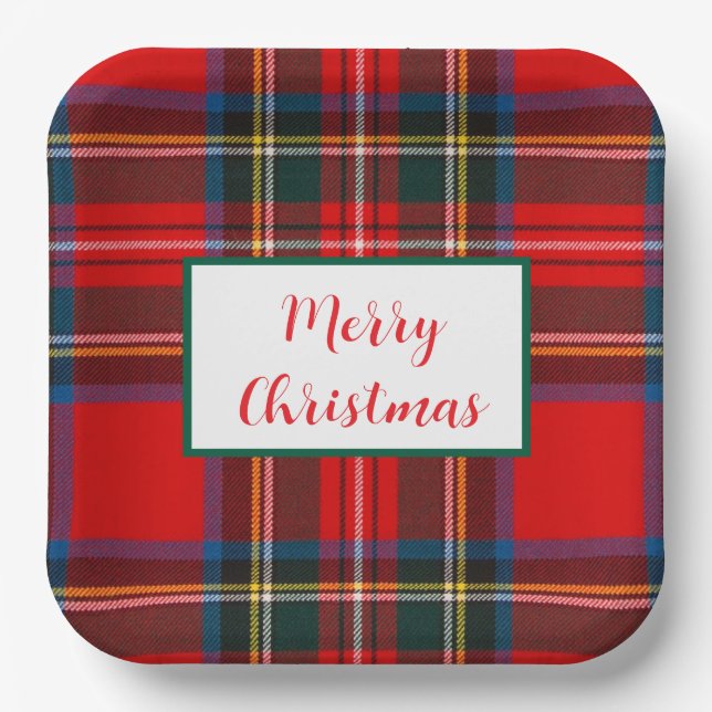 Royal Stewart Merry Christmas Plaid LG Paper Plates (Front)