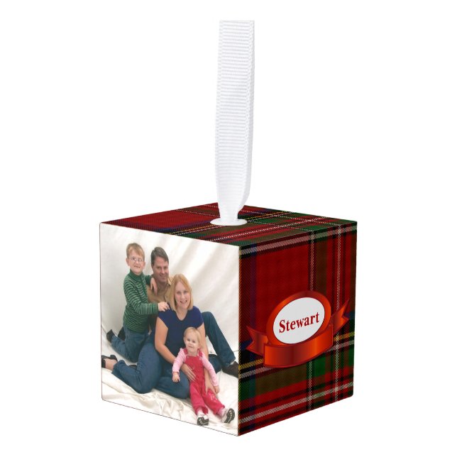 Royal Stewart Plaid Photo Christmas Cube Ornament (Front Angled)