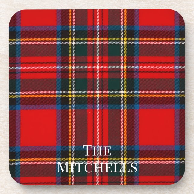Royal Stewart Red Plaid PERSONALIZE Beverage Coaster (Front)
