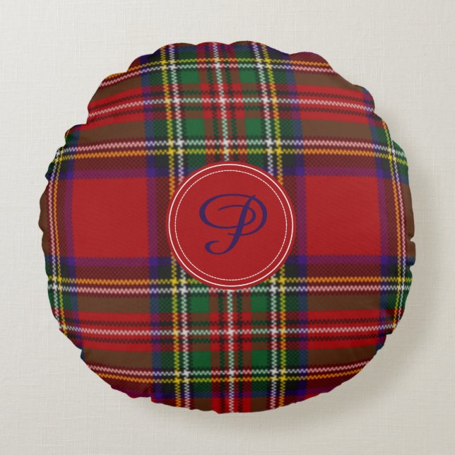 Royal Stewart Tartan Plaid Custom Monogram Round Pillow (Front)