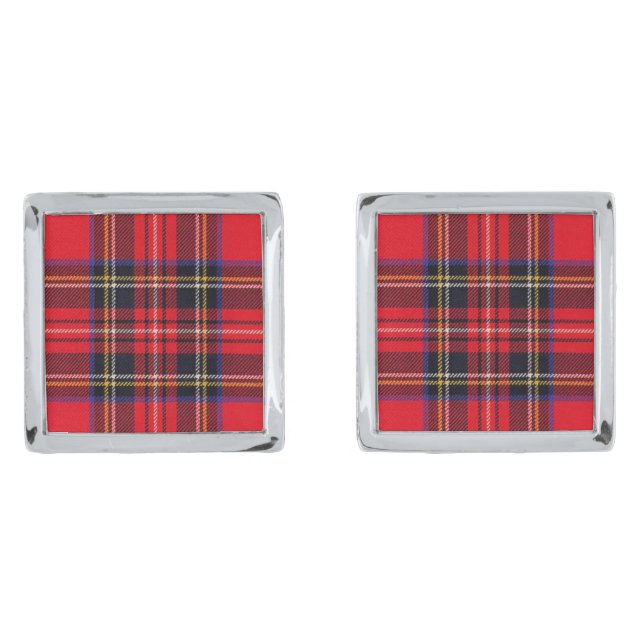 Royal Stewart tartan red black plaid Silver Cufflinks (Front)