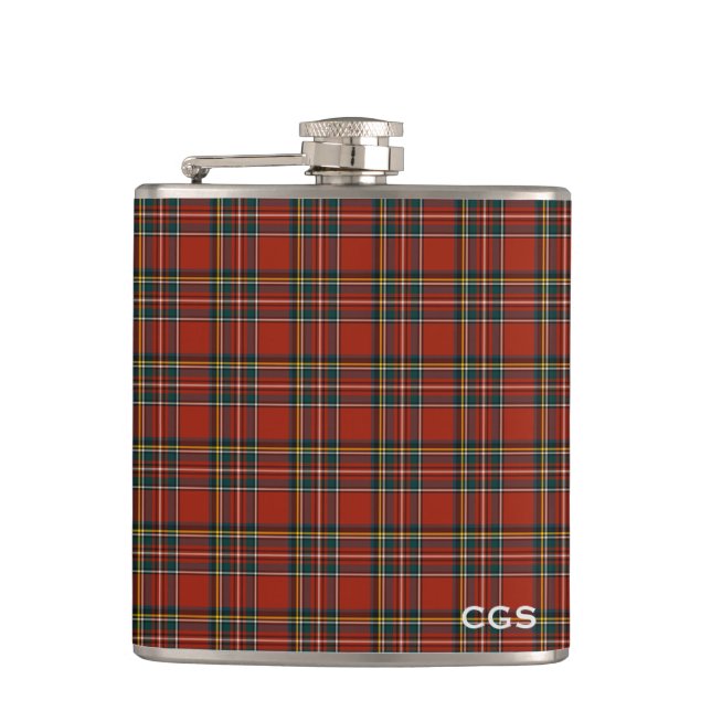 Royal Stewart Tartan Red Scottish Plaid Monogram Flask (Front)