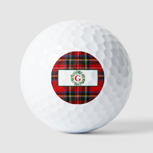 Royal Stewart Xmas Plaid MONOGRAM Wreath Golf Balls (Front)