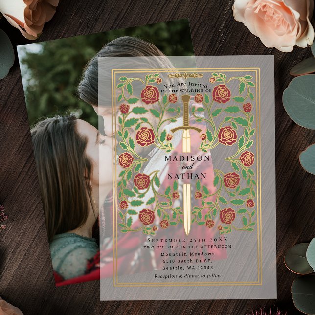 Royal Sword Floral Medieval Fantasy Wedding  Vellum Invitations (Creator Uploaded)