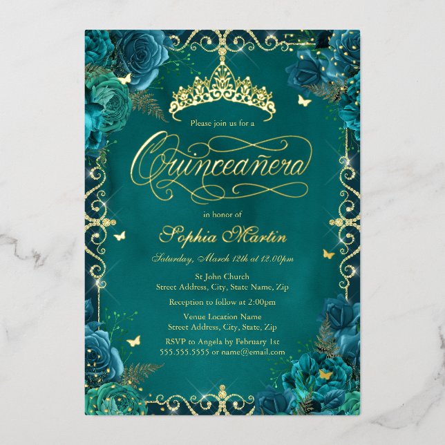 Royal Teal Gold Butterfly Rose Quinceanera Foil Invitation (Front)