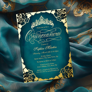 Royal Teal Gold Elegant Script Quinceanera Foil Invitation