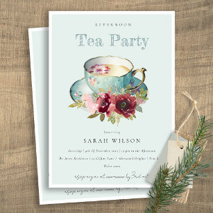 Royal Teal Gold Floral Teacup Afternoon Tea Party Invitation