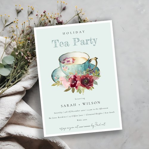 Royal Teal Gold Floral Teacup Holiday Tea Party Invitation