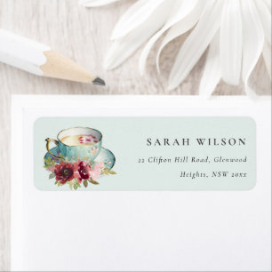 Royal Teal Gold Floral Teacup Tea Party Address Label