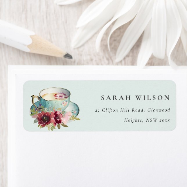 Royal Teal Gold Floral Teacup Tea Party Address Label (Insitu)