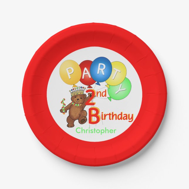 Royal Teddy Bear 2nd Birthday Party Paper Plates (Front)