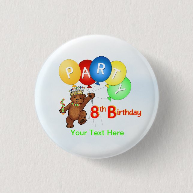 Royal Teddy Bear 8th Birthday Party Button (Front)