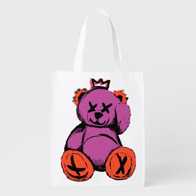 Royal Teddy Bear in Purple & Orange Grocery Bag (Front)