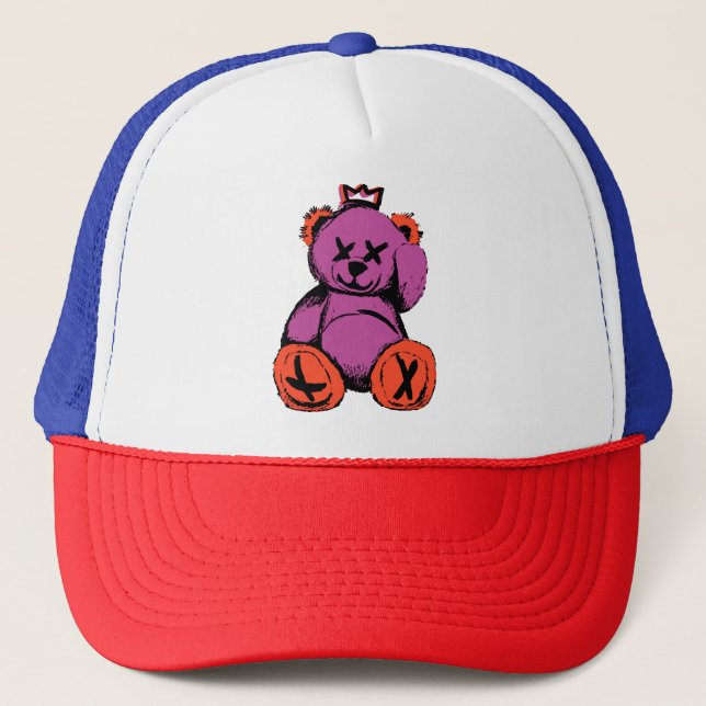 Royal Teddy Bear in Purple & Orange Trucker Hat (Front)