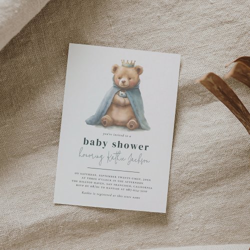 Royal Teddy Bear Little Prince Boy Baby Shower Invitation