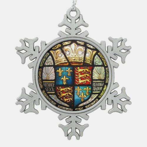 Royal Tudor Coat of Arms Henry VIII Stained Glass Snowflake Pewter Christmas Ornament