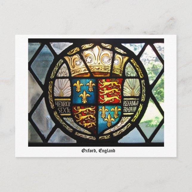 Royal Tudor Coat of Arms Stained Glass Oxford, UK Postcard (Front)