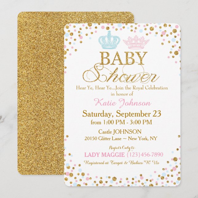 Royal Twins Gold Glitter Sprinkle Baby Shower Invitation (Front/Back)